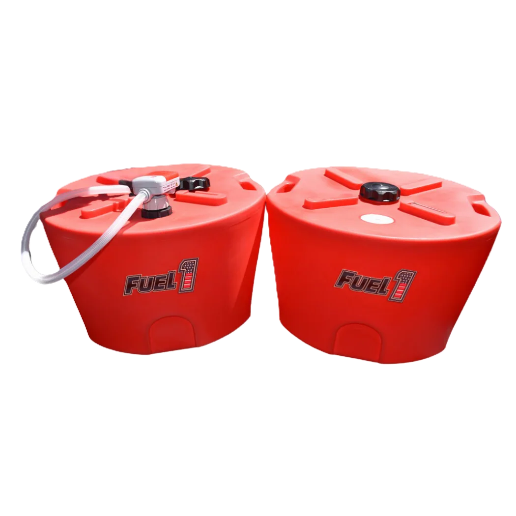 Two red 20-gallon Fuel 1 gasoline pods