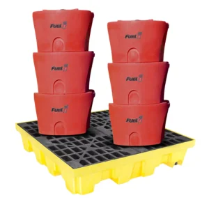 Fuel pods stacked on a spill containment pallet