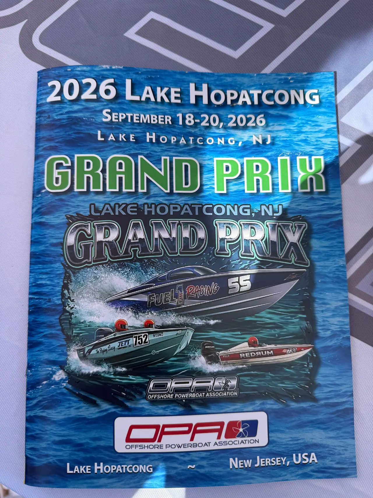 Official 2026 Lake Hopatcong Grand Prix poster, September 18–20, 2026, OPA, with a Fuel 1 #55 boat illustration