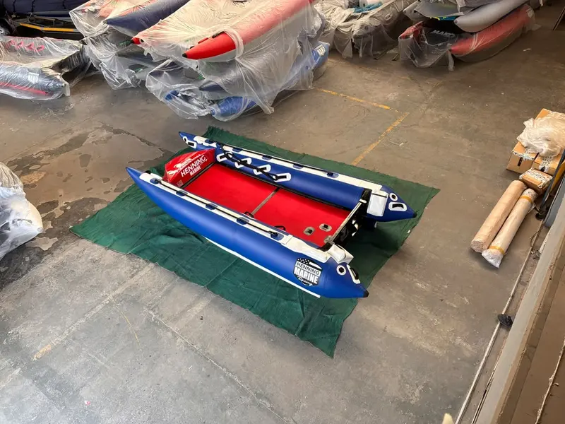 The Fuel 1 Team ThunderCat on a mat in the Henning Marine build shop, seen from the bow